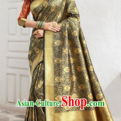 Asian Indian Court Black Silk Sari Dress India Traditional Bollywood Costumes for Women