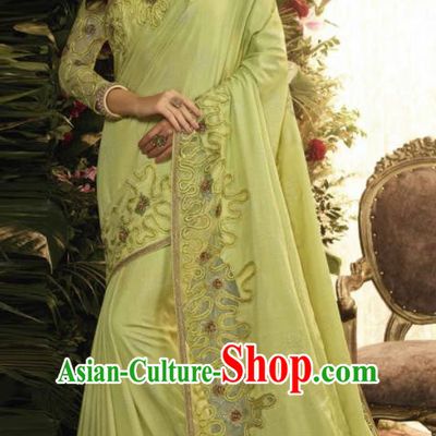 Asian Indian Court Princess Green Embroidered Satin Sari Dress India Traditional Bollywood Costumes for Women