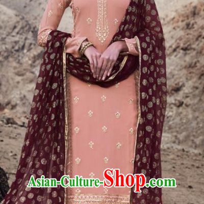 Asian Indian Punjabis Embroidered Pink Georgette Dress India Traditional Lehenga Choli Costumes Complete Set for Women