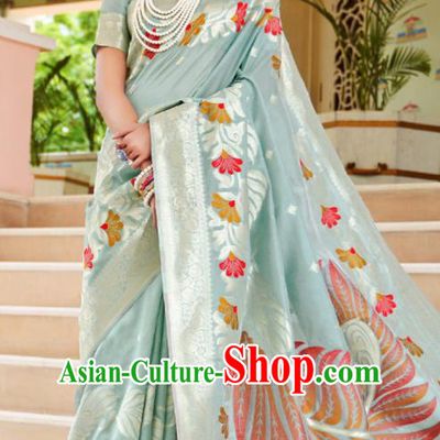 Asian Indian Court Light Blue Silk Sari Dress India Traditional Bollywood Princess Costumes for Women