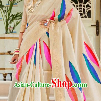 Asian Indian Court Beige Silk Sari Dress India Traditional Bollywood Princess Costumes for Women