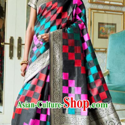 Asian Indian Court Black Silk Sari Dress India Traditional Bollywood Princess Costumes for Women
