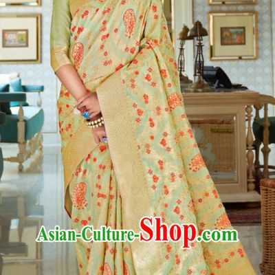 Asian Indian Court Light Green Silk Sari Dress India Traditional Bollywood Princess Costumes for Women