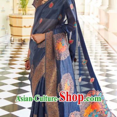 Asian Indian Court Navy Silk Sari Dress India Traditional Bollywood Princess Costumes for Women