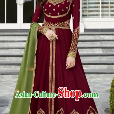 Asian Indian Bollywood Embroidered Wine Red Georgette Dress India Traditional Anarkali Suit Costumes for Women