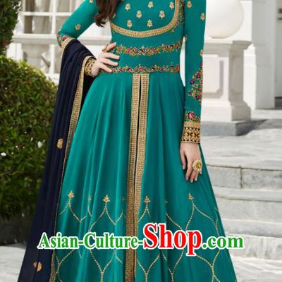 Asian Indian Bollywood Embroidered Green Georgette Dress India Traditional Anarkali Suit Costumes for Women