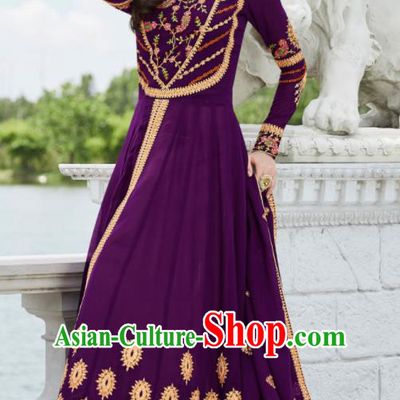Asian Indian Bollywood Embroidered Purple Georgette Dress India Traditional Anarkali Suit Costumes for Women
