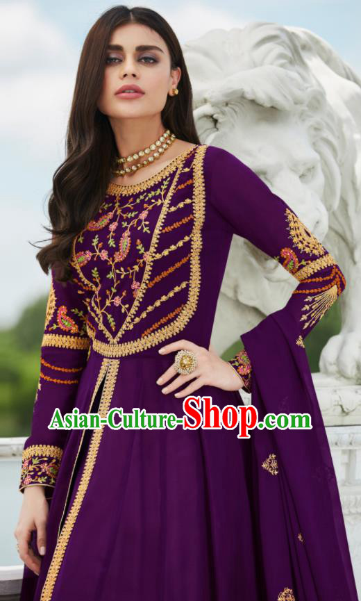 Asian Indian Bollywood Embroidered Purple Georgette Dress India Traditional Anarkali Suit Costumes for Women Asian Indian Bollywood Embroidered Purple Georgette Dress India Traditional Anarkali Suit Costumes for Women