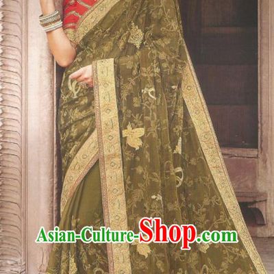 Asian Indian Court Olive Green Art Silk Embroidered Sari Dress India Traditional Bollywood Princess Costumes for Women