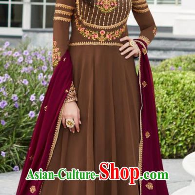 Asian Indian Bollywood Embroidered Brown Georgette Dress India Traditional Anarkali Suit Costumes for Women