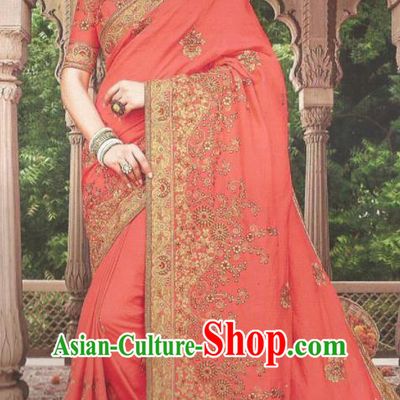 Asian Indian Court Watermelon Red Art Silk Embroidered Sari Dress India Traditional Bollywood Princess Costumes for Women
