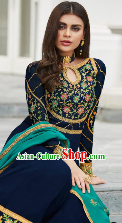 Asian Indian Bollywood Embroidered Navy Georgette Dress India Traditional Anarkali Suit Costumes for Women Asian Indian Bollywood Embroidered Navy Georgette Dress India Traditional Anarkali Suit Costumes for Women