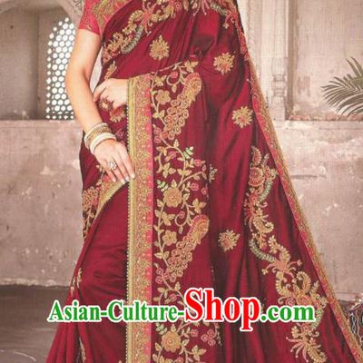 Asian Indian Court Wine Red Art Silk Embroidered Sari Dress India Traditional Bollywood Princess Costumes for Women