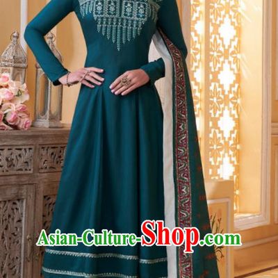 Asian Indian Embroidered Atrovirens Muslin Blouse and Pants India Traditional Lehenga Choli Costumes Complete Set for Women