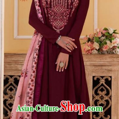 Asian Indian Embroidered Wine Red Muslin Blouse and Pants India Traditional Lehenga Choli Costumes Complete Set for Women