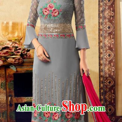 Asian Indian Punjabis Embroidered Grey Skirt and Blouse India Traditional Lehenga Choli Costumes Complete Set for Women
