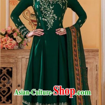 Asian Indian Embroidered Deep Green Muslin Blouse and Pants India Traditional Lehenga Choli Costumes Complete Set for Women