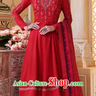 Asian Indian Embroidered Red Muslin Blouse and Pants India Traditional Lehenga Choli Costumes Complete Set for Women