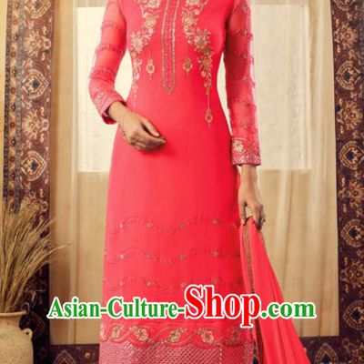 Asian Indian Punjabis Embroidered Watermelon Red Skirt and Blouse India Traditional Lehenga Choli Costumes Complete Set for Women