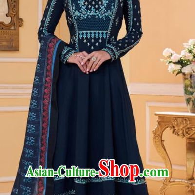 Asian Indian Embroidered Navy Muslin Blouse and Pants India Traditional Lehenga Choli Costumes Complete Set for Women