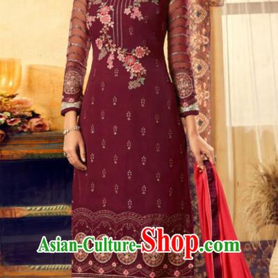 Asian Indian Punjabis Embroidered Wine Red Skirt and Blouse India Traditional Lehenga Choli Costumes Complete Set for Women