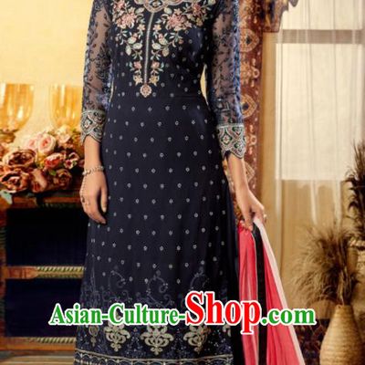 Asian Indian Punjabis Embroidered Navy Skirt and Blouse India Traditional Lehenga Choli Costumes Complete Set for Women
