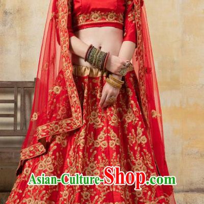 Asian Indian Bollywood Wedding Red Silk Dress India Traditional Bride Lehenga Costumes for Women