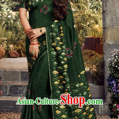 Asian India Traditional Sari Costumes Indian Bollywood Embroidered Deep Green Silk Dress for Women