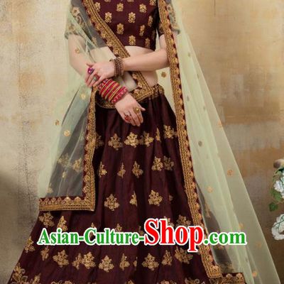 Asian Indian Bollywood Wedding Purplish Red Silk Dress India Traditional Bride Lehenga Costumes for Women