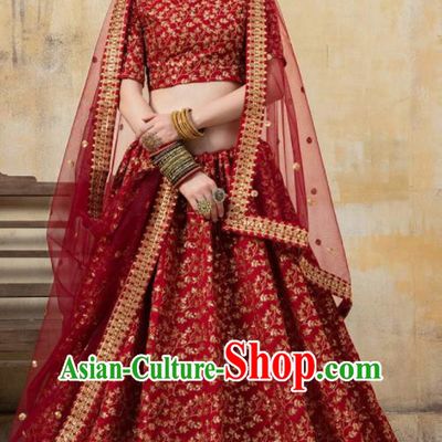 Asian Indian Bollywood Wedding Red Silk Dress India Traditional Bride Lehenga Costumes for Women