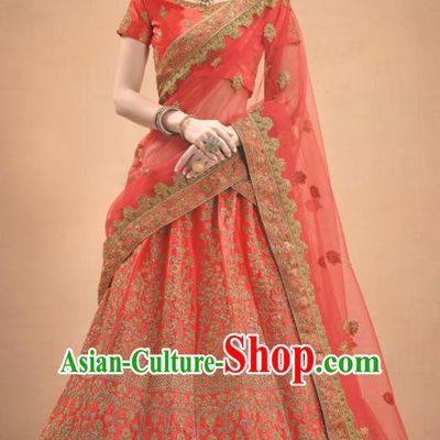 Asian Indian Bollywood Wedding Embroidered Watermelon Red Silk Dress India Traditional Bride Lehenga Costumes for Women
