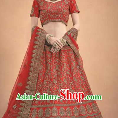 Asian Indian Bollywood Wedding Embroidered Red Silk Dress India Traditional Bride Lehenga Costumes for Women