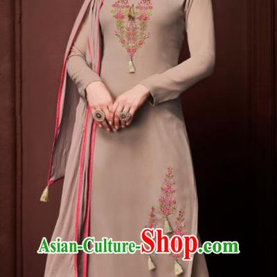 Asian Indian Punjabis Embroidered Khaki Blouse and Pants India Traditional Kurti Costumes Complete Set for Women