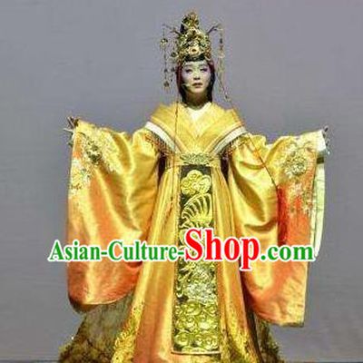 Chinese Zhaojun Chu Sai Ancient Court Queen Golden Dress Stage Performance Dance Costume and Headpiece for Women