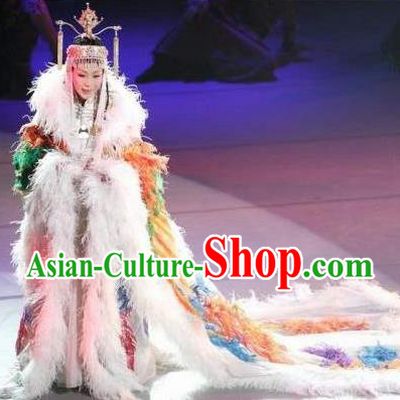 Chinese Zhaojun Chu Sai Ancient Court Queen Feather Dress Stage Performance Dance Costume and Headpiece for Women