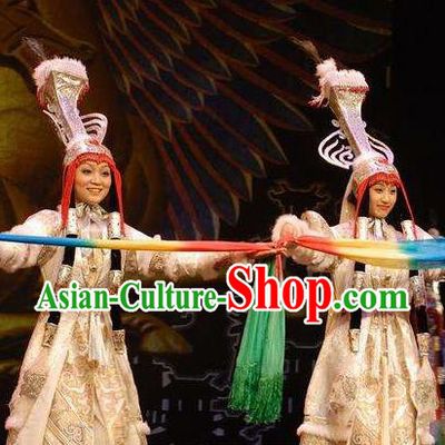Chinese Zhaojun Chu Sai Ancient Mongol Nationality Princess White Dress Stage Performance Dance Costume and Headpiece for Women