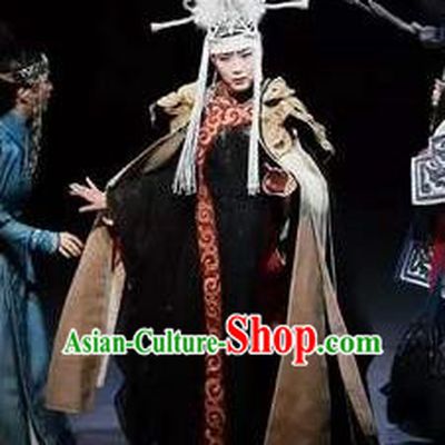 Chinese Zhaojun Chu Sai Ancient Mongol Nationality Queen Black Dress Stage Performance Dance Costume and Headpiece for Women