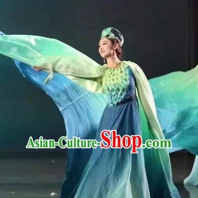 Chinese Zhaojun Chu Sai Classical Dance Blue Dress Stage Performance Dance Costume and Headpiece for Women