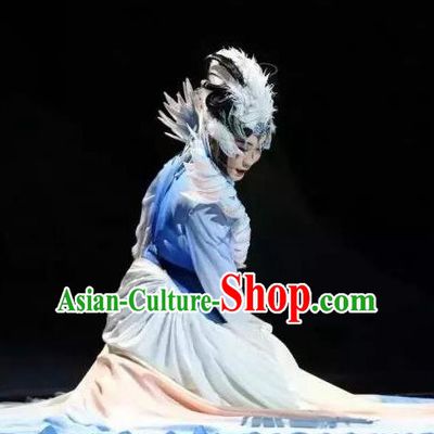Chinese Zhaojun Chu Sai Ancient Classical Dance Blue Dress Stage Performance Dance Costume and Headpiece for Women