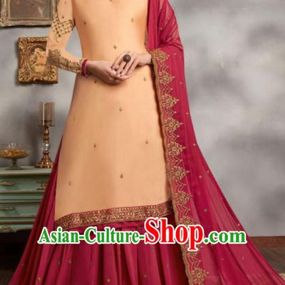 Asian Indian Punjabis Embroidered Orange Blouse and Rosy Skirt India Traditional Lehenga Choli Costumes Complete Set for Women