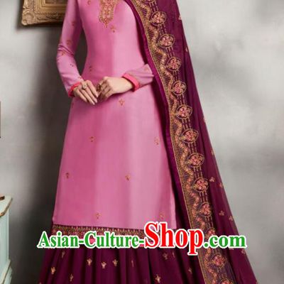 Asian Indian Punjabis Embroidered Pink Blouse and Purple Skirt India Traditional Lehenga Choli Costumes Complete Set for Women