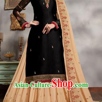Asian Indian Punjabis Embroidered Black Blouse and Apricot Skirt India Traditional Lehenga Choli Costumes Complete Set for Women