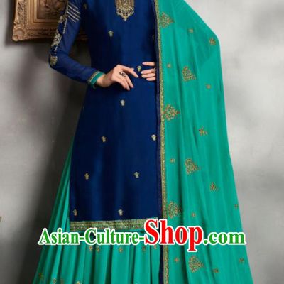 Asian Indian Punjabis Embroidered Royalblue Blouse and Green Skirt India Traditional Lehenga Choli Costumes Complete Set for Women