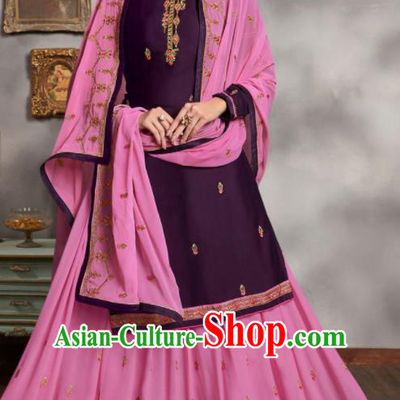 Asian Indian Punjabis Embroidered Purple Blouse and Pink Skirt India Traditional Lehenga Choli Costumes Complete Set for Women
