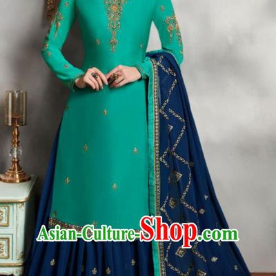Asian Indian Punjabis Embroidered Green Blouse and Navy Skirt India Traditional Lehenga Choli Costumes Complete Set for Women