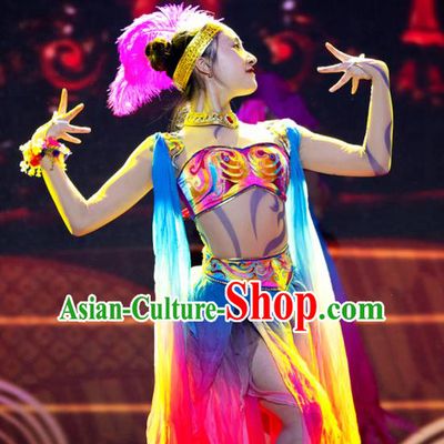 Chinese Phenix Dance In The Sky Classical Dance Colorful Dress Stage Performance Costume and Headpiece for Women