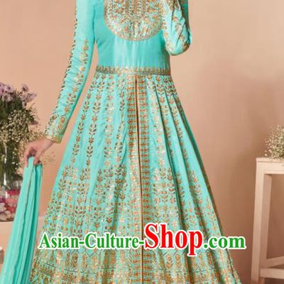 Asian Indian Lehenga Embroidered Lake Blue Silk Blened Dress India Traditional Bollywood Court Costumes for Women