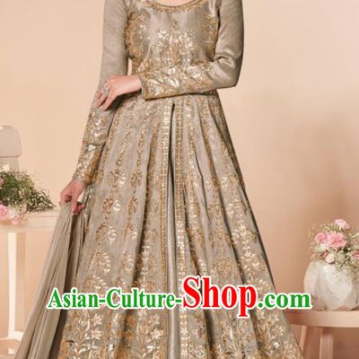 Asian Indian Lehenga Embroidered Grey Silk Blened Dress India Traditional Bollywood Court Costumes for Women