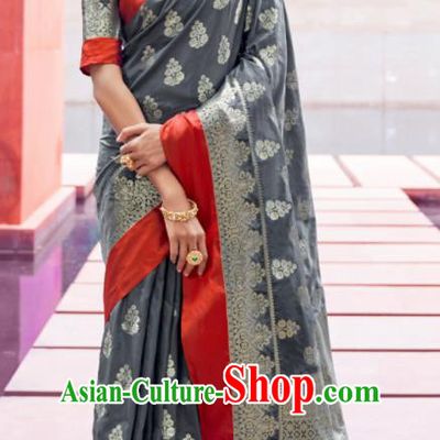 Asian Indian Festival Grey Silk Sari Dress India Bollywood Traditional Court Costumes for Women
