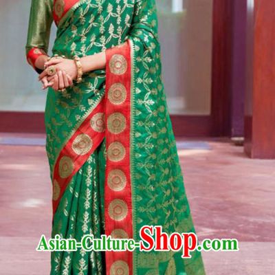 Asian Indian Festival Green Silk Sari Dress India Bollywood Traditional Court Costumes for Women